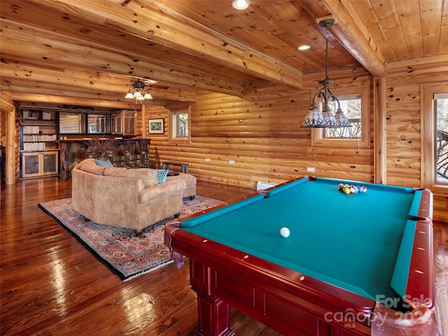 playroom featuring wooden ceiling, dark wood-type flooring, log walls, billiards, and beamed ceiling