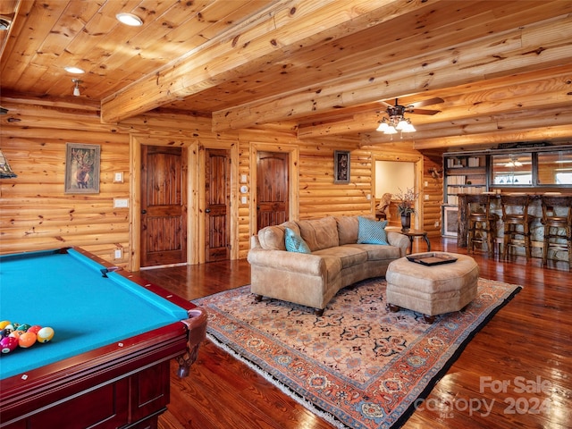 rec room featuring wooden ceiling, dark wood-type flooring, bar area, and log walls