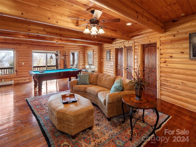 living room featuring wood-type flooring, a baseboard heating unit, beamed ceiling, billiards, and rustic walls