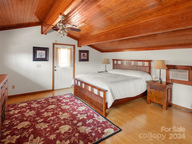 bedroom with ceiling fan, a wall unit AC, light hardwood / wood-style floors, and wooden ceiling