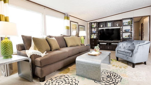 carpeted living room with lofted ceiling and crown molding