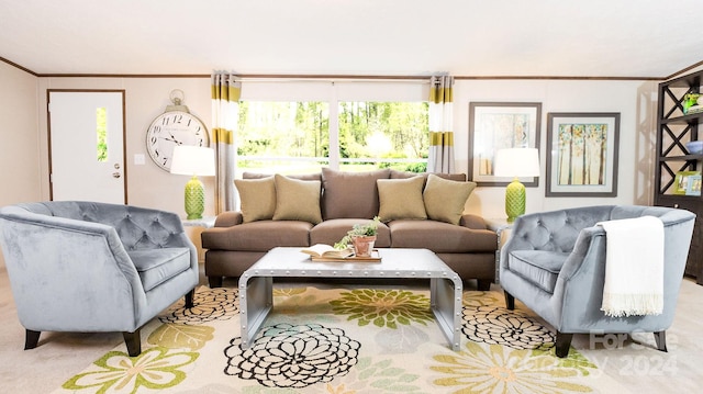 carpeted living room featuring ornamental molding