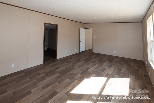 empty room featuring dark hardwood / wood-style flooring, a textured ceiling, ornamental molding, and vaulted ceiling