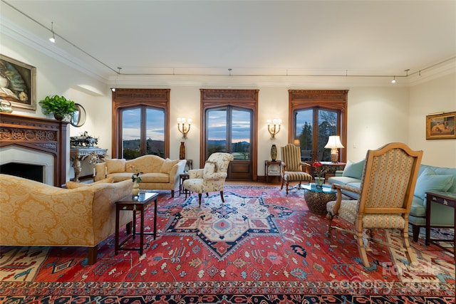 living room with crown molding and track lighting