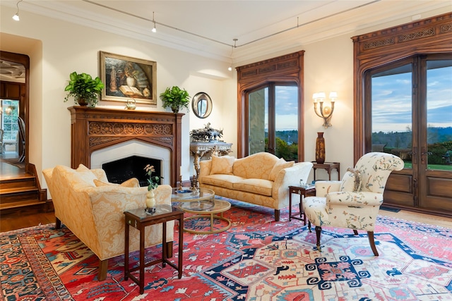 living room featuring french doors, crown molding, wood-type flooring, and rail lighting