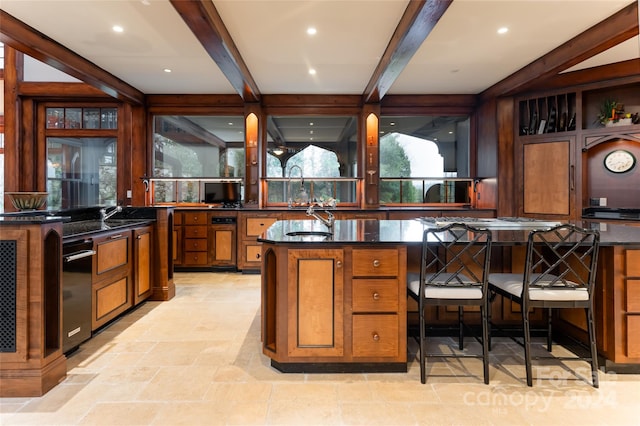 bar featuring beam ceiling and dark stone countertops