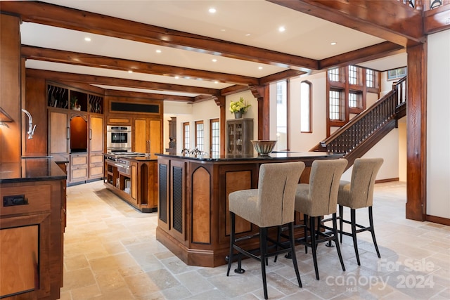 bar with beam ceiling and sink