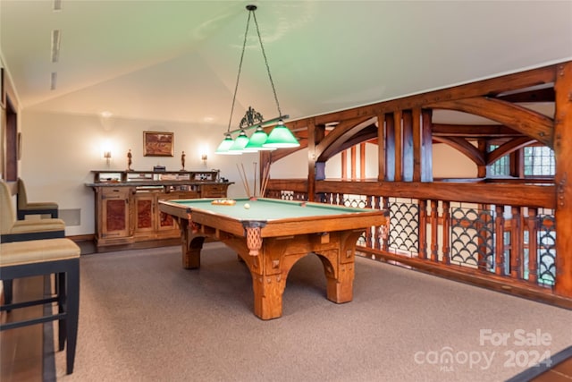 rec room featuring carpet, billiards, vaulted ceiling, and indoor bar