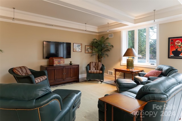 living room featuring light carpet, crown molding, and a tray ceiling