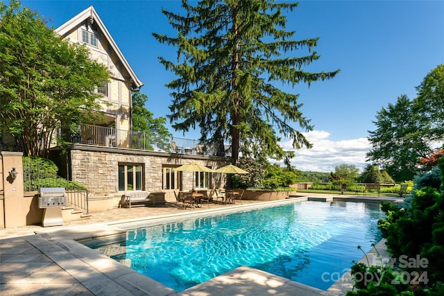 view of pool with a patio area, an outdoor kitchen, and area for grilling