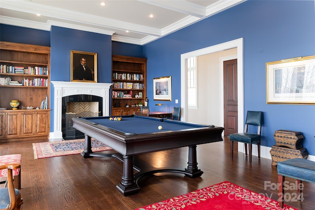 playroom with hardwood / wood-style flooring, crown molding, pool table, and beamed ceiling