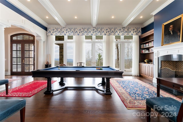 game room with beam ceiling, french doors, hardwood / wood-style floors, and ornamental molding