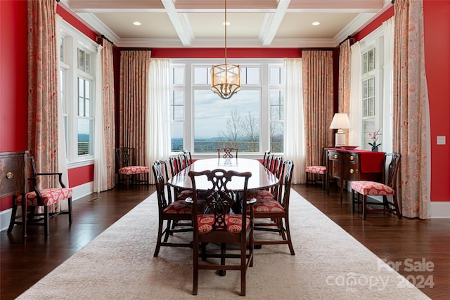 dining room featuring coffered ceiling, dark wood-type flooring, and crown molding