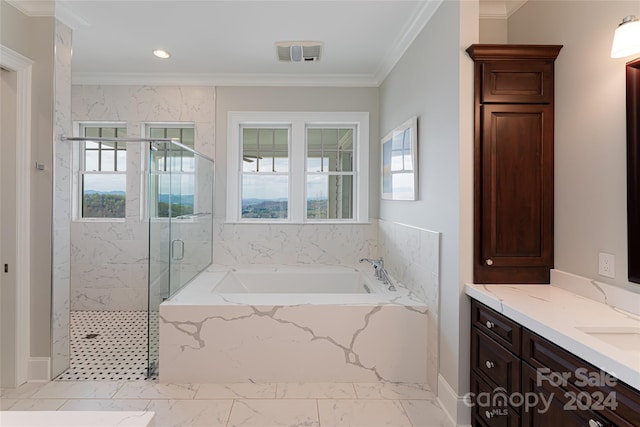 bathroom with tile patterned floors, independent shower and bath, vanity, and ornamental molding