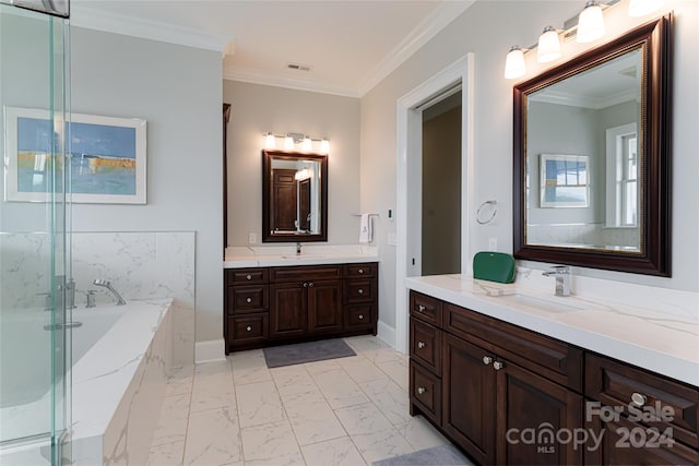 bathroom featuring tile patterned flooring, a relaxing tiled tub, double vanity, and ornamental molding