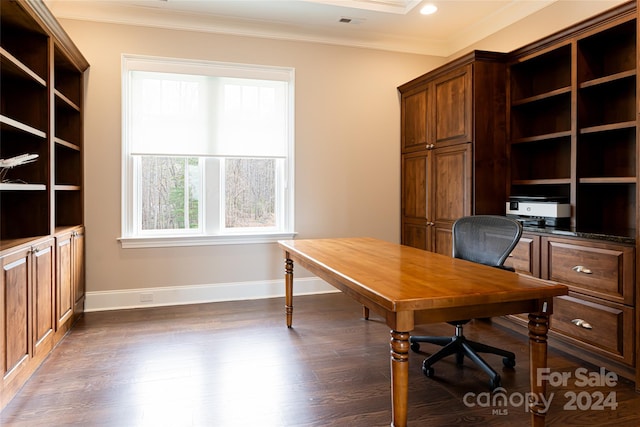 home office with ornamental molding and dark hardwood / wood-style flooring