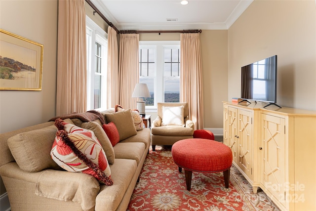 living room featuring crown molding and a healthy amount of sunlight