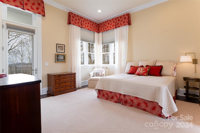 bedroom with crown molding, multiple windows, access to outside, and carpet