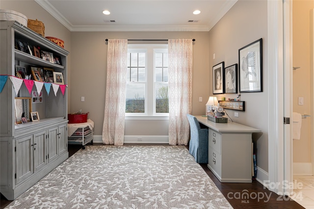 office space with dark hardwood / wood-style flooring and ornamental molding