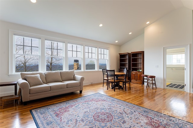 living room with light wood-type flooring and high vaulted ceiling