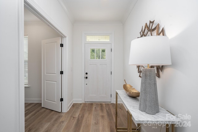 entryway with crown molding and wood-type flooring