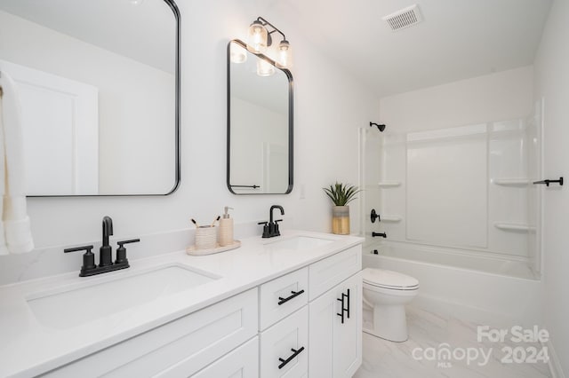 full bathroom featuring  shower combination, toilet, dual bowl vanity, and tile flooring