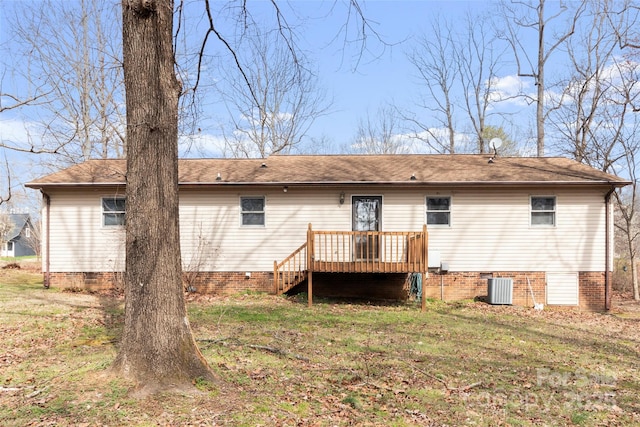 back of house featuring a wooden deck, a lawn, central AC, and crawl space