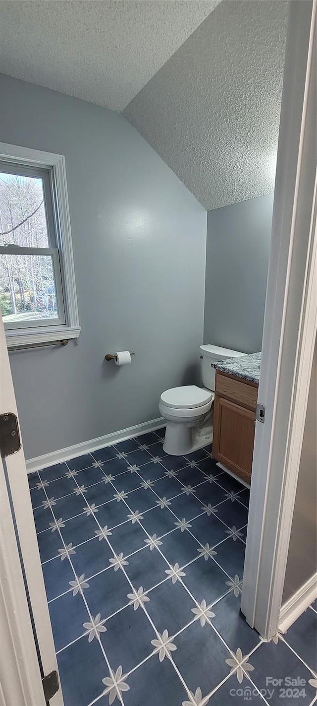 bathroom featuring toilet, tile floors, and vaulted ceiling