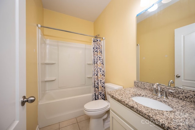 full bathroom with shower / bathtub combination with curtain, tile floors, toilet, and vanity