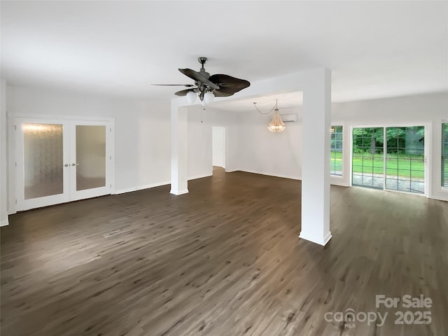 7210 Morningdew Ct, Denver, NC 28037 - unfurnished living room with french doors, dark wood-style floors, a ceiling fan, and baseboards