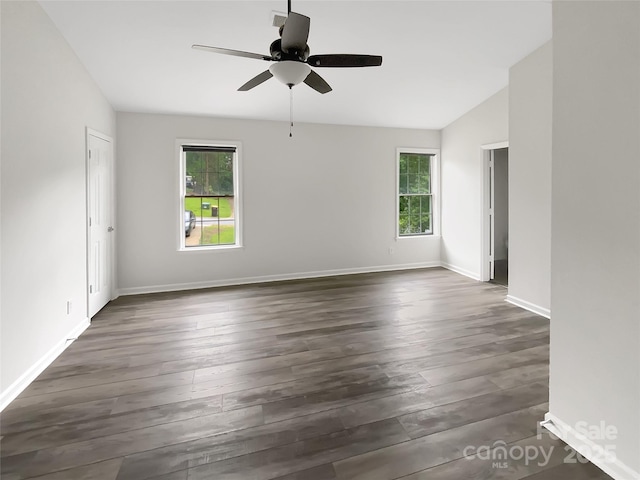7210 Morningdew Ct, Denver, NC 28037 - unfurnished room with plenty of natural light, ceiling fan, dark wood finished floors, baseboards, and lofted ceiling