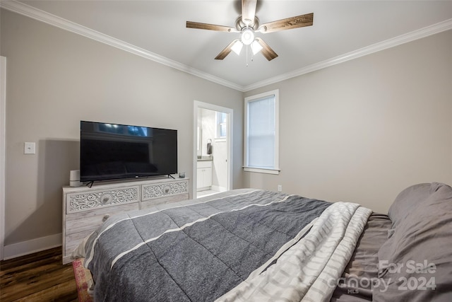 bedroom with ensuite bathroom, ceiling fan, dark hardwood / wood-style flooring, and ornamental molding