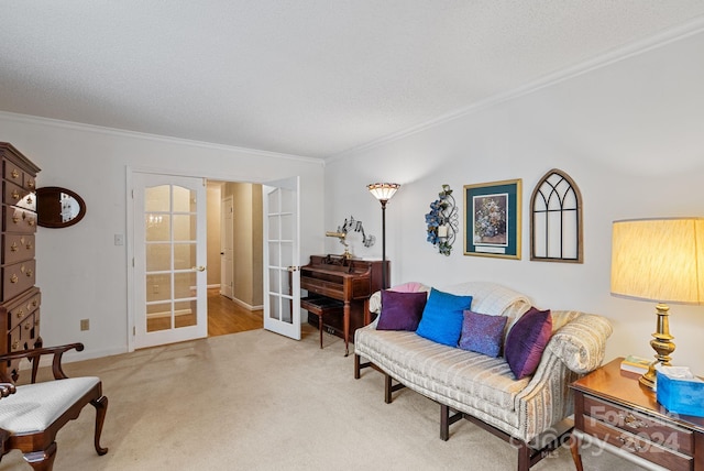 carpeted living room with a textured ceiling, french doors, and crown molding