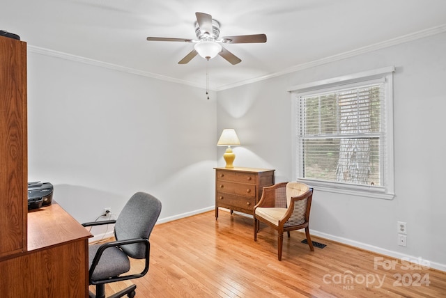 home office with ceiling fan, crown molding, and light wood-type flooring