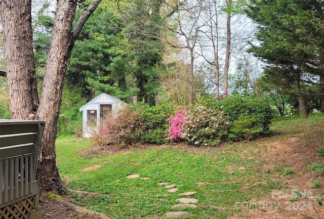 view of yard featuring a storage shed