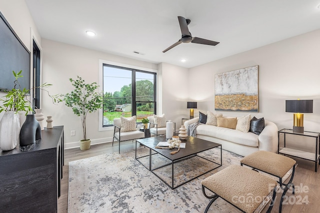 living room with ceiling fan and light hardwood / wood-style flooring