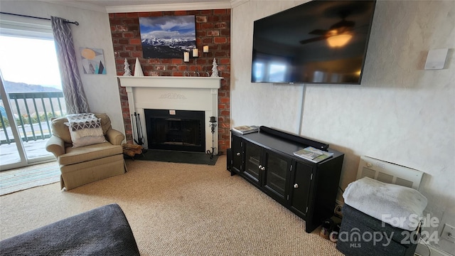 carpeted living room with crown molding and brick wall