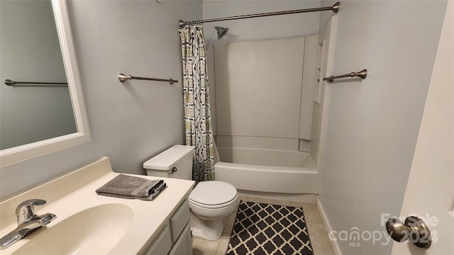 full bathroom with toilet, vanity, shower / bathtub combination with curtain, and tile flooring