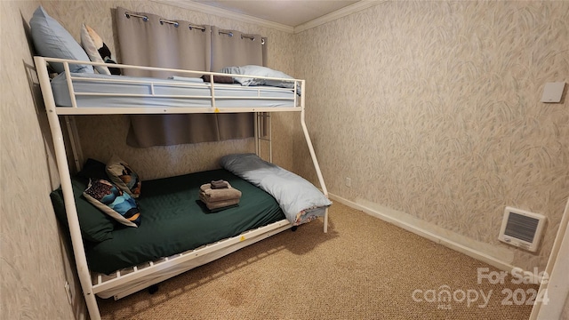 unfurnished bedroom featuring light carpet and crown molding