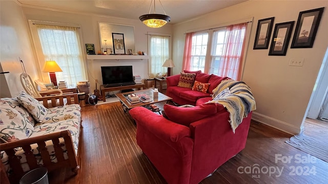 living room featuring dark hardwood / wood-style floors and crown molding