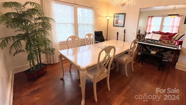 dining space with an inviting chandelier and dark wood-type flooring