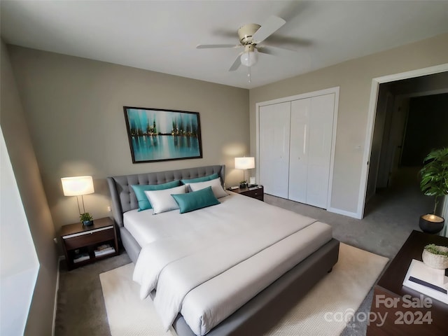 bedroom with carpet flooring, ceiling fan, and a closet