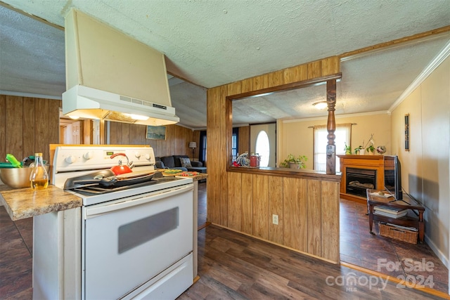 kitchen with white range with electric cooktop, a textured ceiling, ornamental molding, extractor fan, and dark wood-type flooring