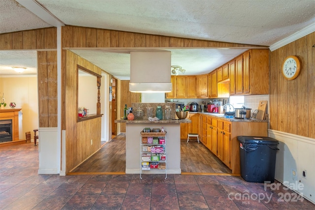 kitchen featuring dark tile flooring, lofted ceiling, a textured ceiling, and wooden walls