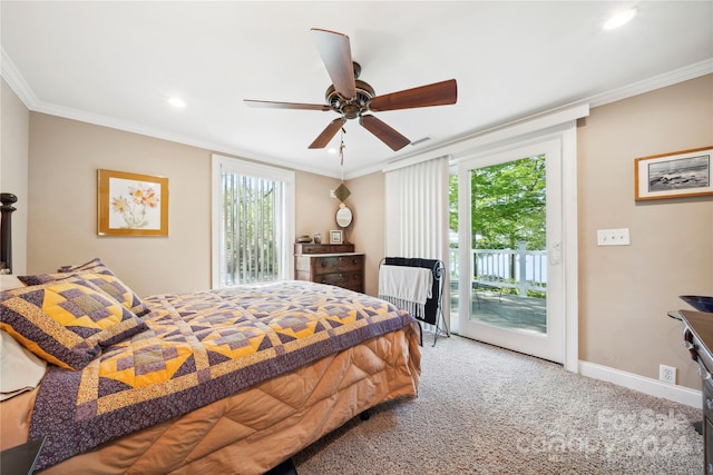 carpeted bedroom with ceiling fan, access to exterior, and ornamental molding