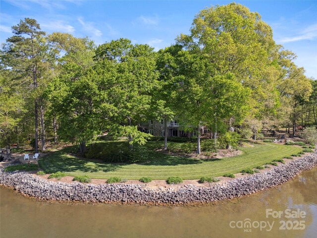 back of house featuring a water view and a lawn