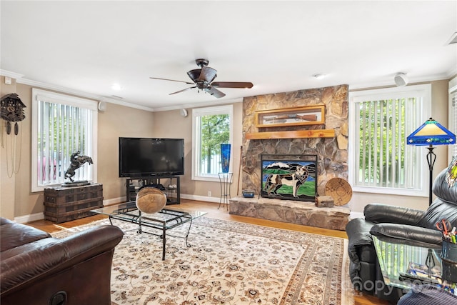 living area with baseboards, a fireplace, wood finished floors, and crown molding