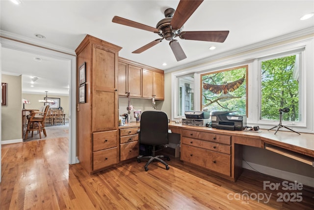 office space featuring ornamental molding, recessed lighting, light wood finished floors, and a ceiling fan