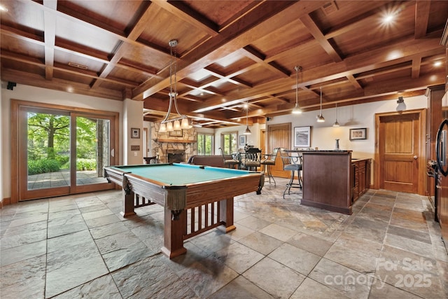 recreation room featuring wooden ceiling, coffered ceiling, stone tile flooring, and pool table