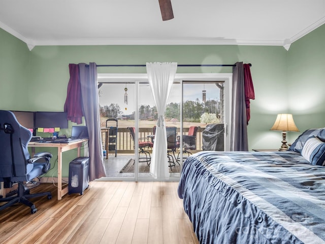 bedroom with ornamental molding, ceiling fan, access to outside, and light hardwood / wood-style flooring